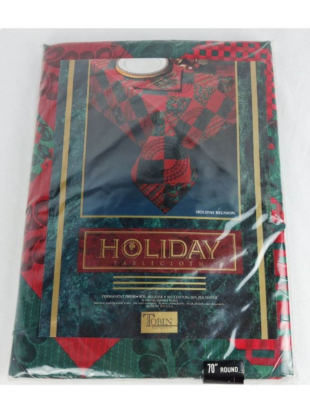 NOS Tobin Holiday 70" Round Fabric Tablecloth w/4 napkins Red Green Floral